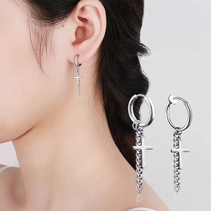 1 pair Stainless steel Long Tassel Cross Earring