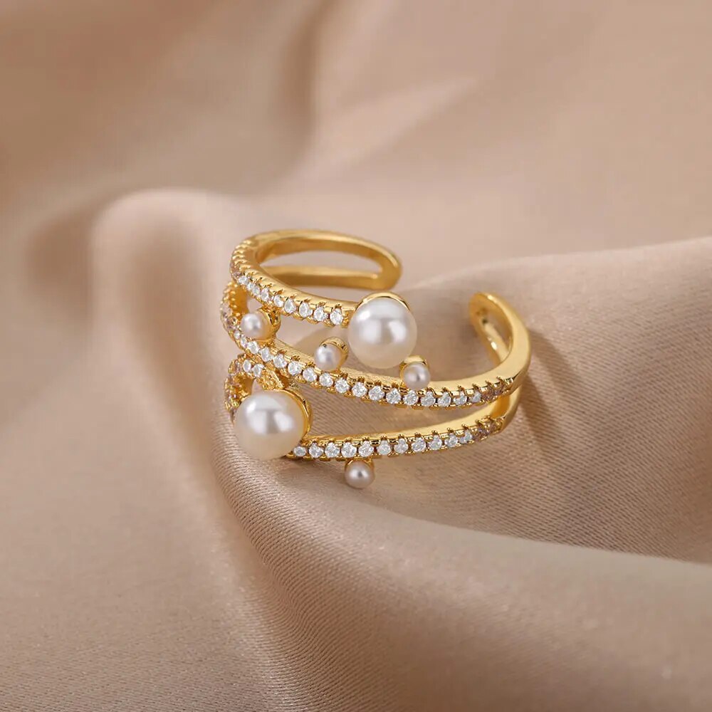 Adjustable Luxury Three Layers Zircon Pearls Stainless Steel Ring 2022