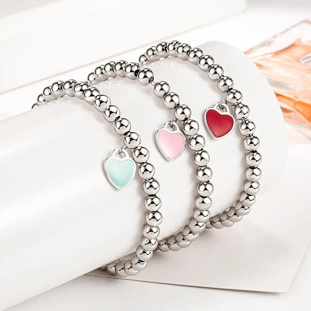 925 Sterling Silver Shiny Ball Heart Colour Pendant Bracelet