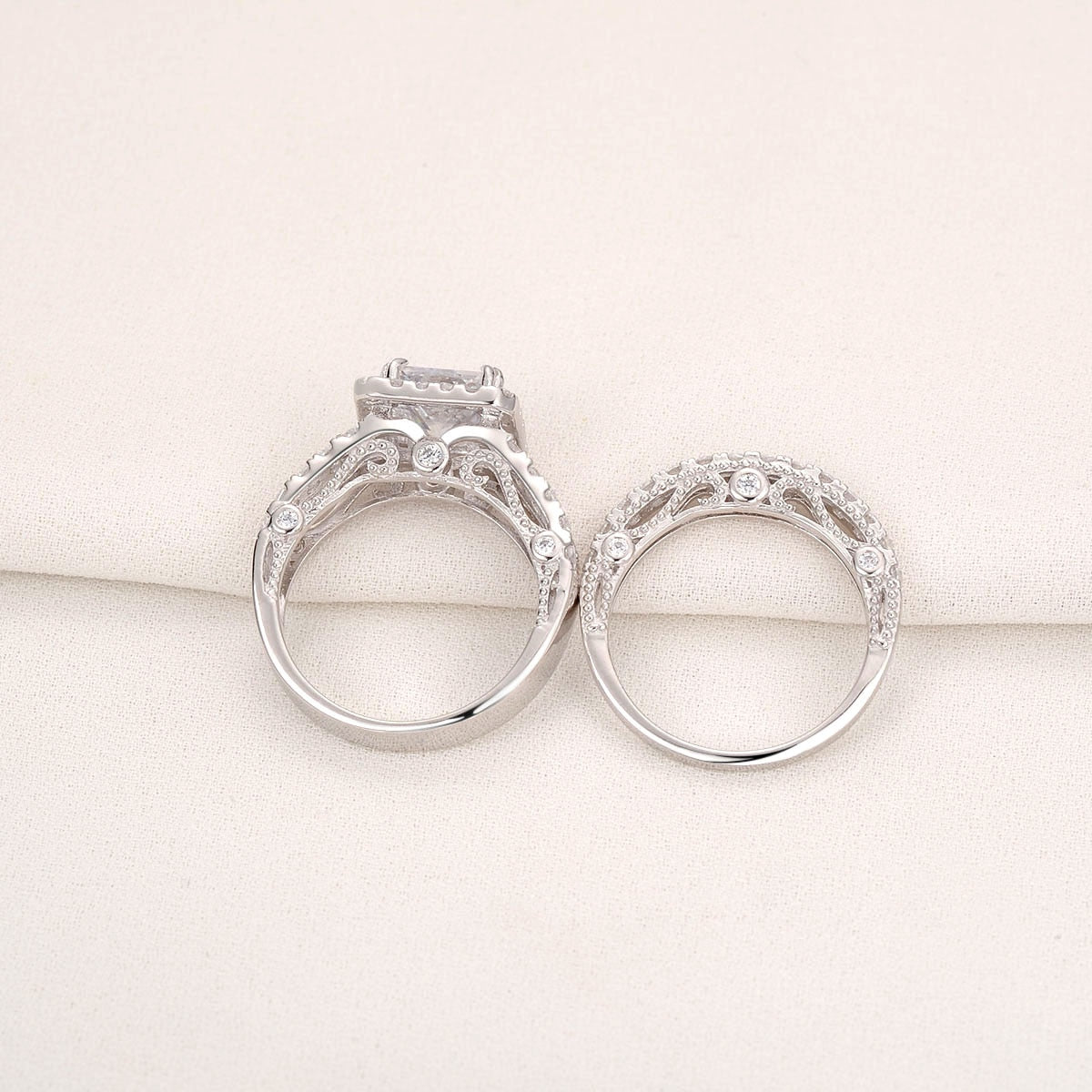 2 Pcs Rings Set Solid 925 Sterling Silver 4Ct Princess Cut AAAAA Cubic Zirconia stones