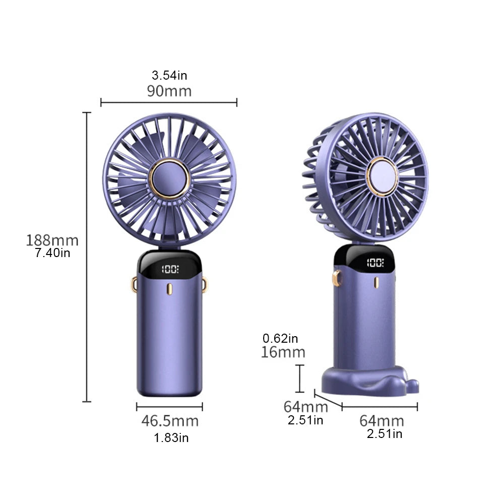 Portable Electric Fan with Smart Led Digital Display Usb Rechargeable Mini Handheld Fan 3000Mah 5 Speed Adjustable