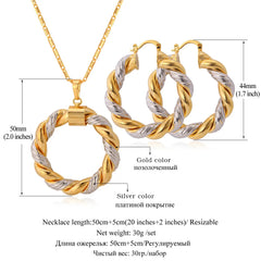 Dubai Sets Gold Pendant Necklace & Big Round Twist Chunky Hoop Earrings