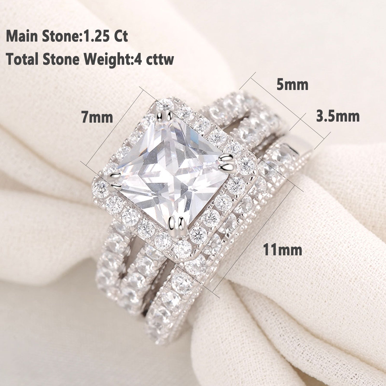 2 Pcs Rings Set Solid 925 Sterling Silver 4Ct Princess Cut AAAAA Cubic Zirconia stones