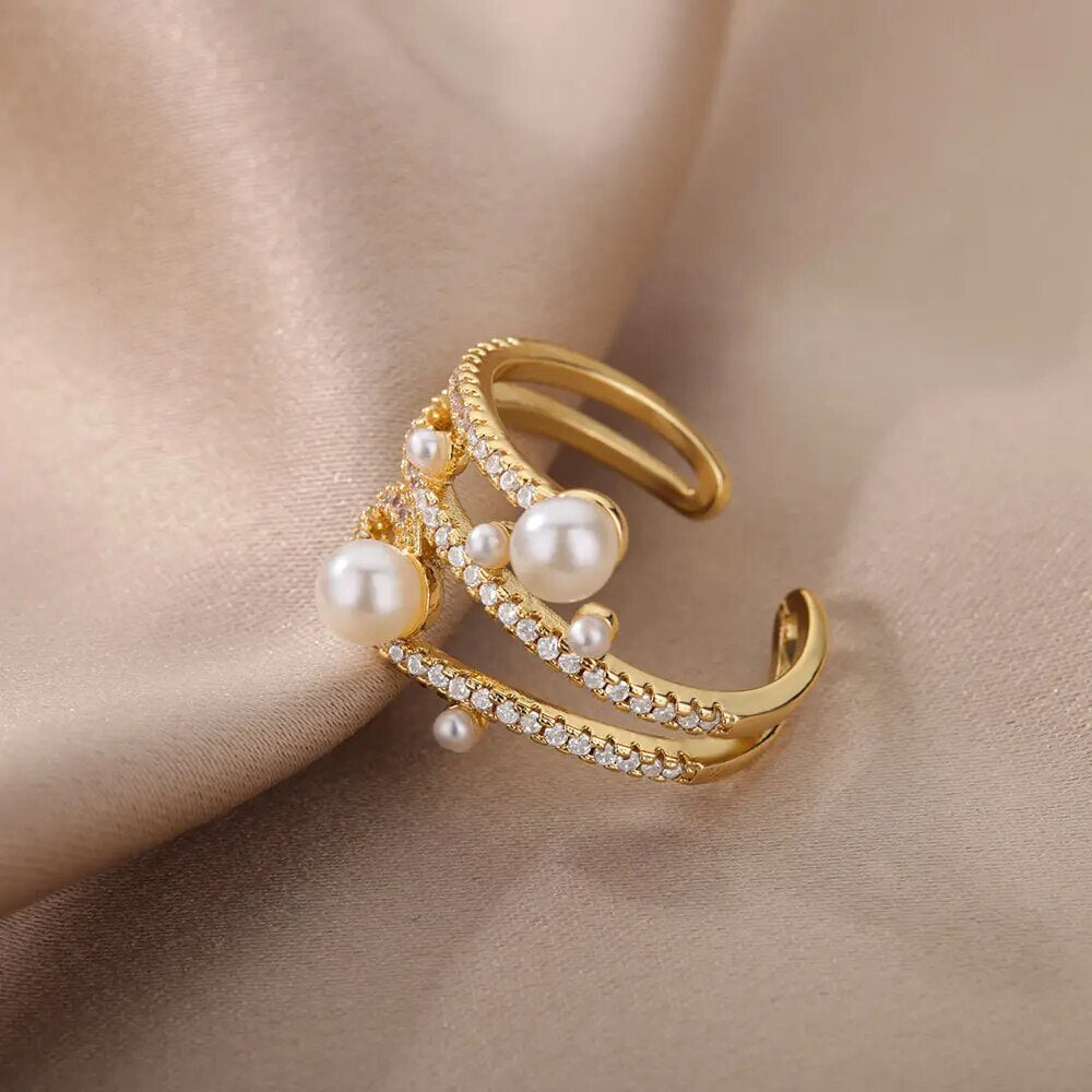 Adjustable Luxury Three Layers Zircon Pearls Stainless Steel Ring 2022