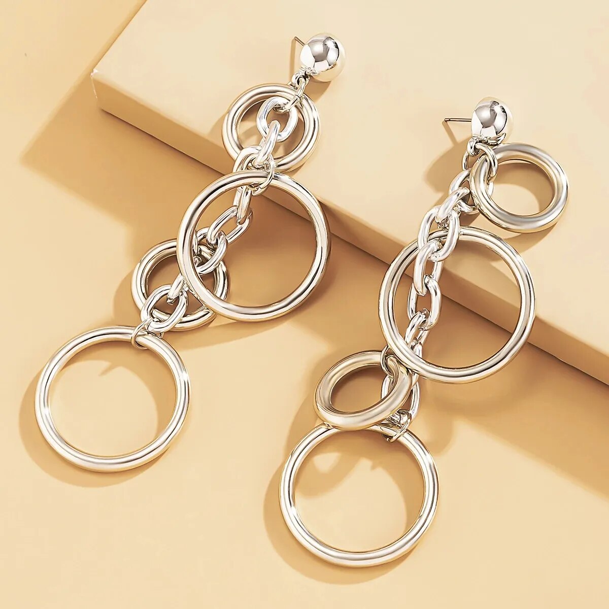 Long Statement Circle, Link, hoop Chain Drop Earrings