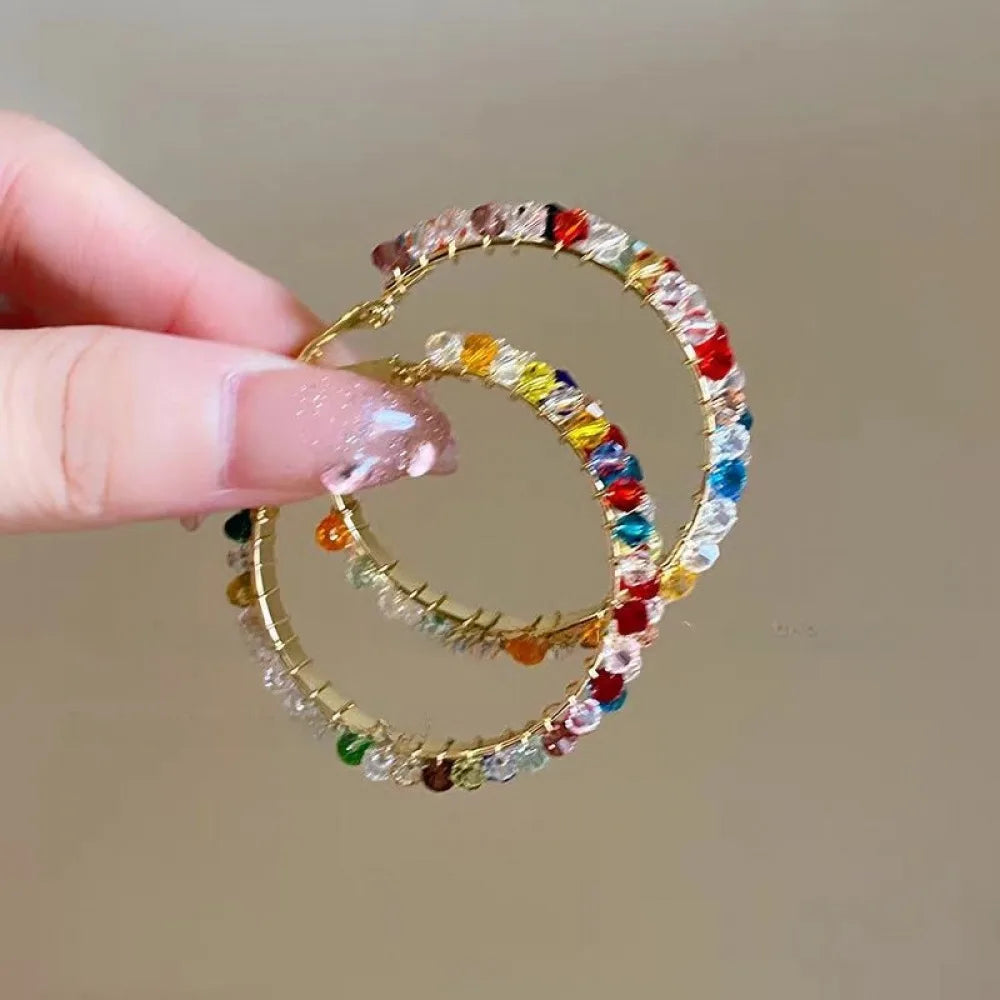 New Colorful Crystal Hoop Earrings, Trendy Exaggerated Vacation Summer Style High-End Earrings,