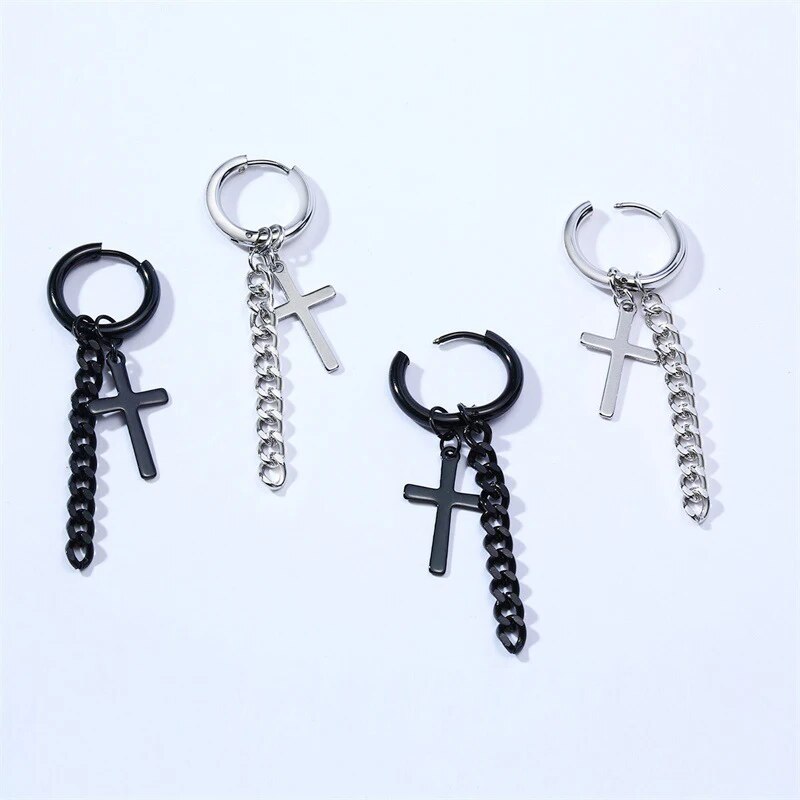 Punk Stainless Steel Drop Cross Hoop Earrings