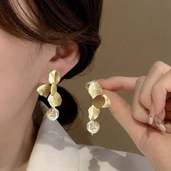 Luxury Gold Color Long Drop Flower Pearl Statement Earrings