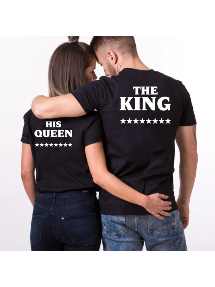 KING QUEEN Letter Printed Black Matching Couple His and Her  Tshirts