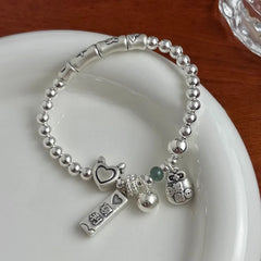 925 Sterling Silver Love Heart Bead Bamboo Joints Lucky Wing Bracelet