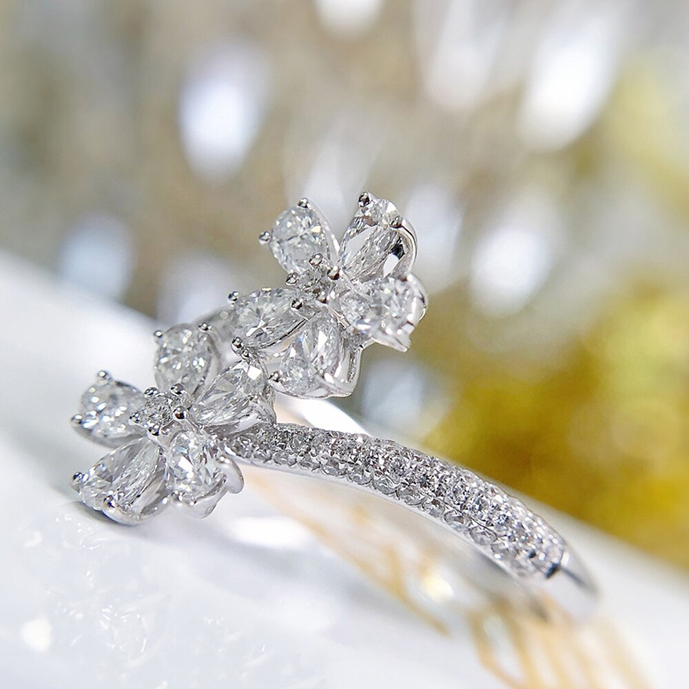 Luxury Crystal Flowers CZ Adjustable Opening Rings