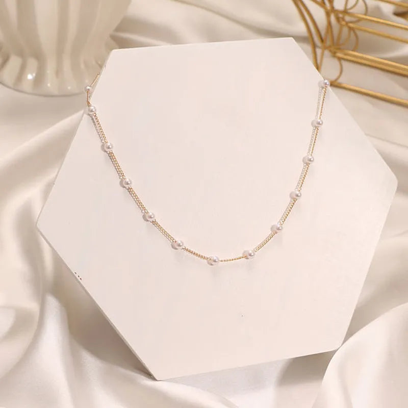 Pearl Beads & Pendant Gold Color Choker Necklace