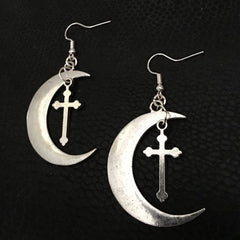 Gothic Large Hoop Moon Cross Earrings