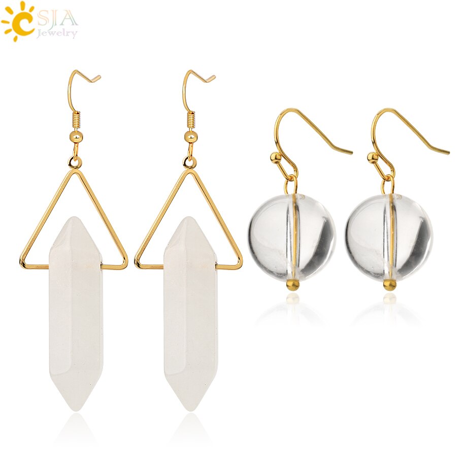 Crystal Hexagonal Dangle Semi Precious Stone Earrings