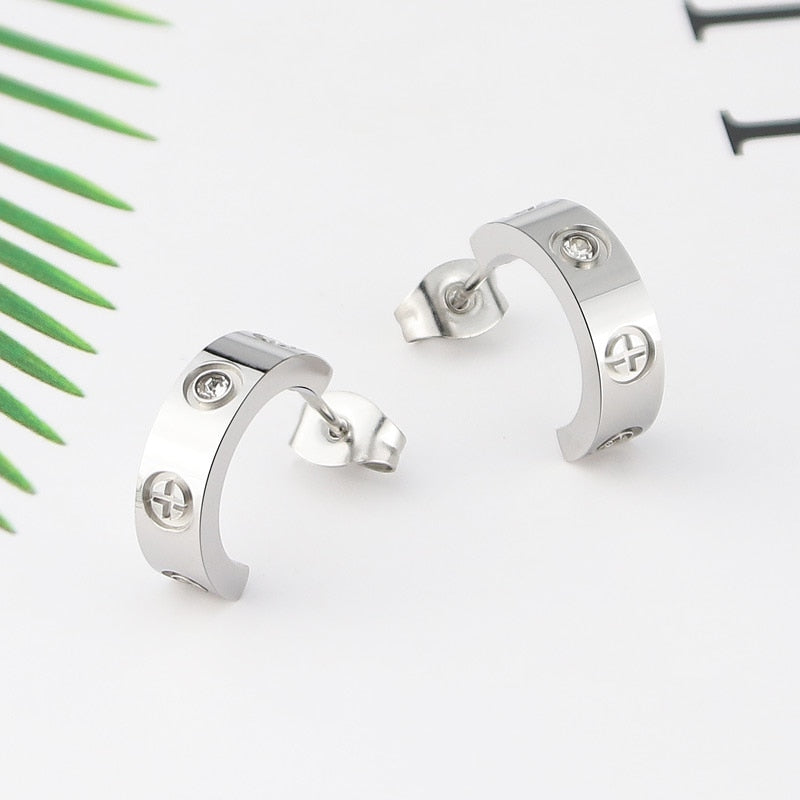 Luxury C Shape Cross Screw Stud Earring Titanium Steel