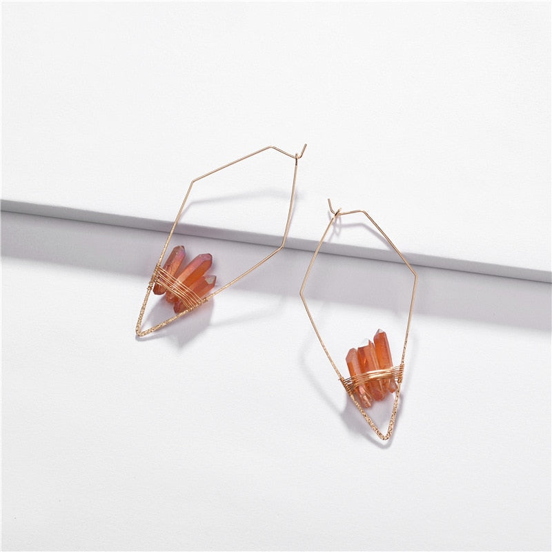 Fashion Copper Wire Rhombic Hoop Earring with Natural Quartz Stone