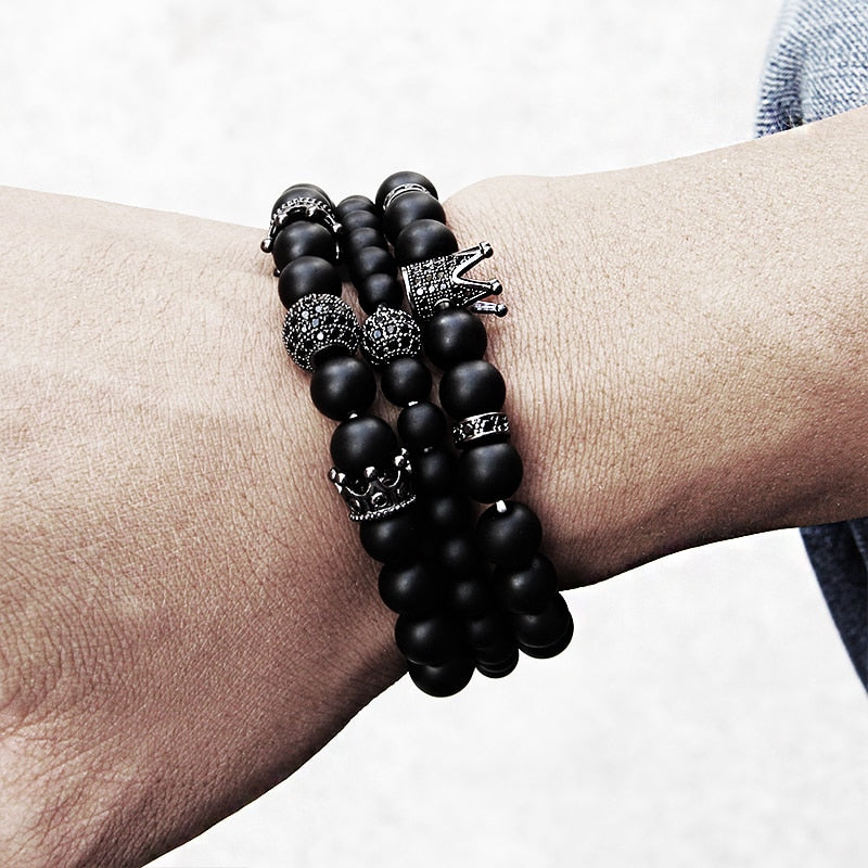 Luxury 2pcs Beaded Bracelets Men Black Onyx Natural Stone