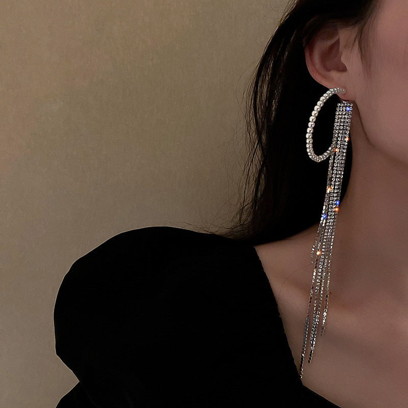 Pearl Rhinestone Circle Hoop Tassel  Long Earrings