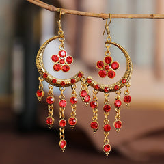 Red Flower Bohemian Vintgae Moon Beaded Earrings