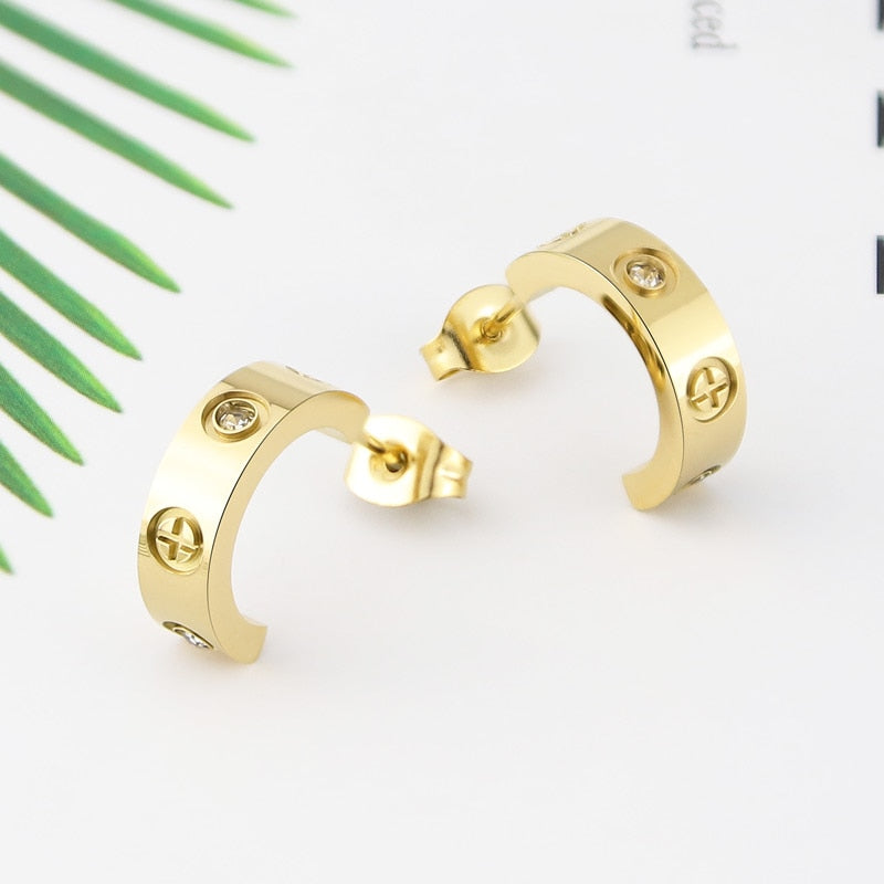 Luxury C Shape Cross Screw Stud Earring Titanium Steel