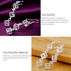 Square Cubic Zircon Drop Earrings  925 Sterling Silver