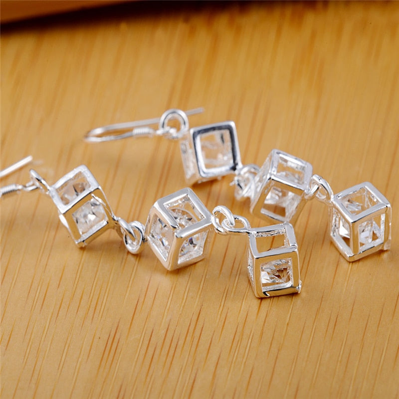 Square Cubic Zircon Drop Earrings  925 Sterling Silver