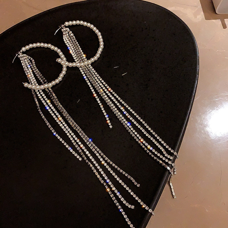 Pearl Rhinestone Circle Hoop Tassel  Long Earrings