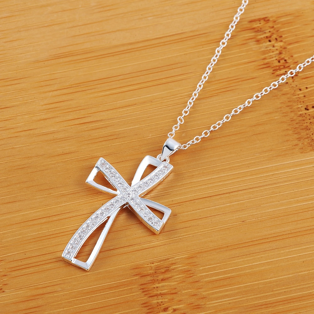 18 Inches Cross Zircon Pendant Necklace 925 Sterling Silver