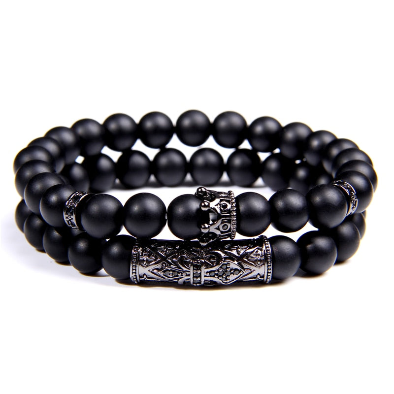 Luxury 2pcs Beaded Bracelets Men Black Onyx Natural Stone