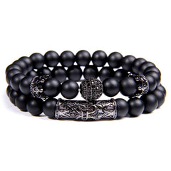 Luxury 2pcs Beaded Bracelets Men Black Onyx Natural Stone