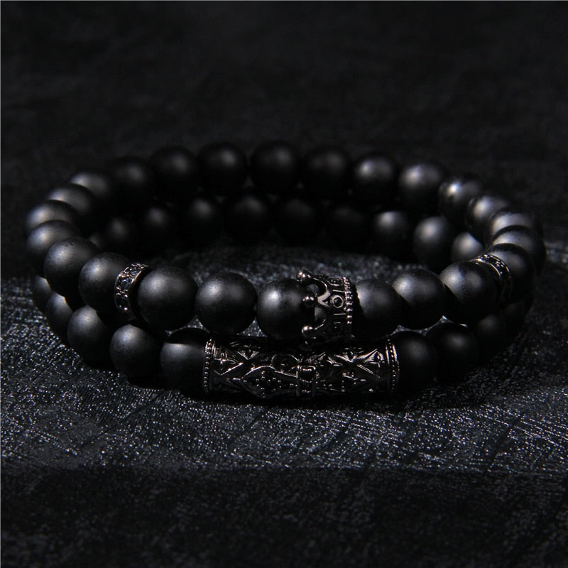 Luxury 2pcs Beaded Bracelets Men Black Onyx Natural Stone