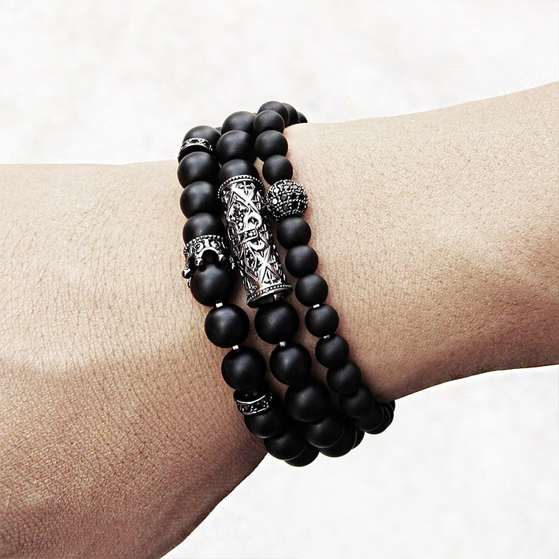 Luxury 2pcs Beaded Bracelets Men Black Onyx Natural Stone