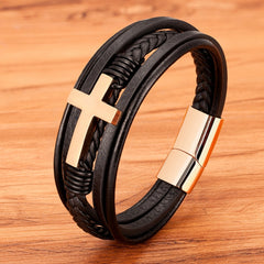 Luxury Multicolor Cross Design Stainless Steel Men's Leather Bracelet 19/21/23cm