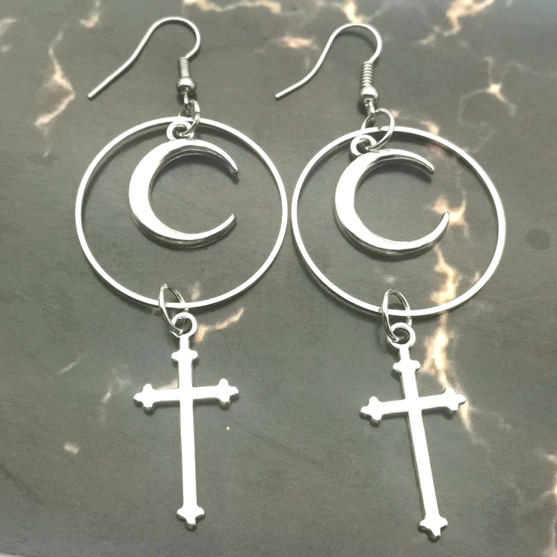 Gothic Large Hoop Moon Cross Earrings