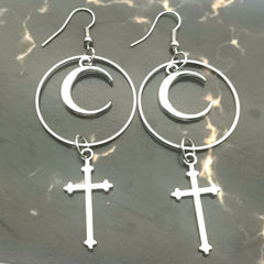 Gothic Large Hoop Moon Cross Earrings