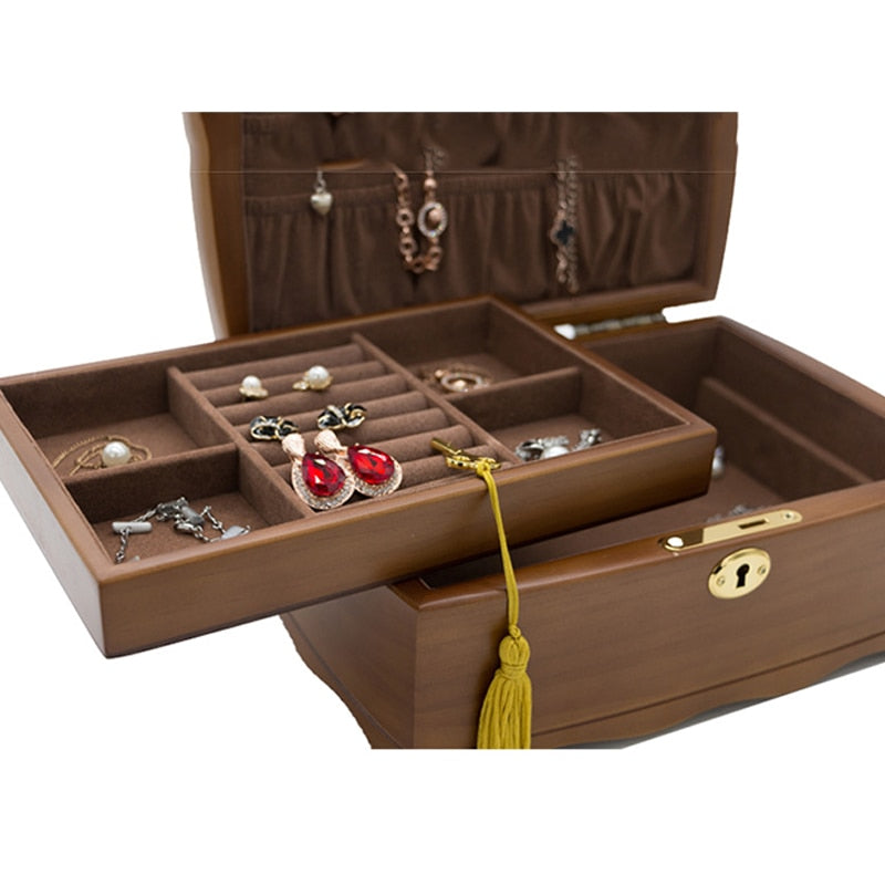 Hot Double Layer Wooden Jewelry Organizer & Storage Box With Lock