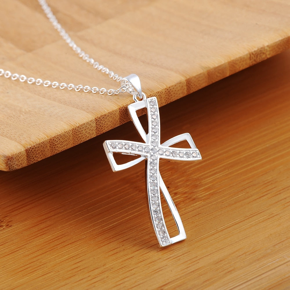 18 Inches Cross Zircon Pendant Necklace 925 Sterling Silver