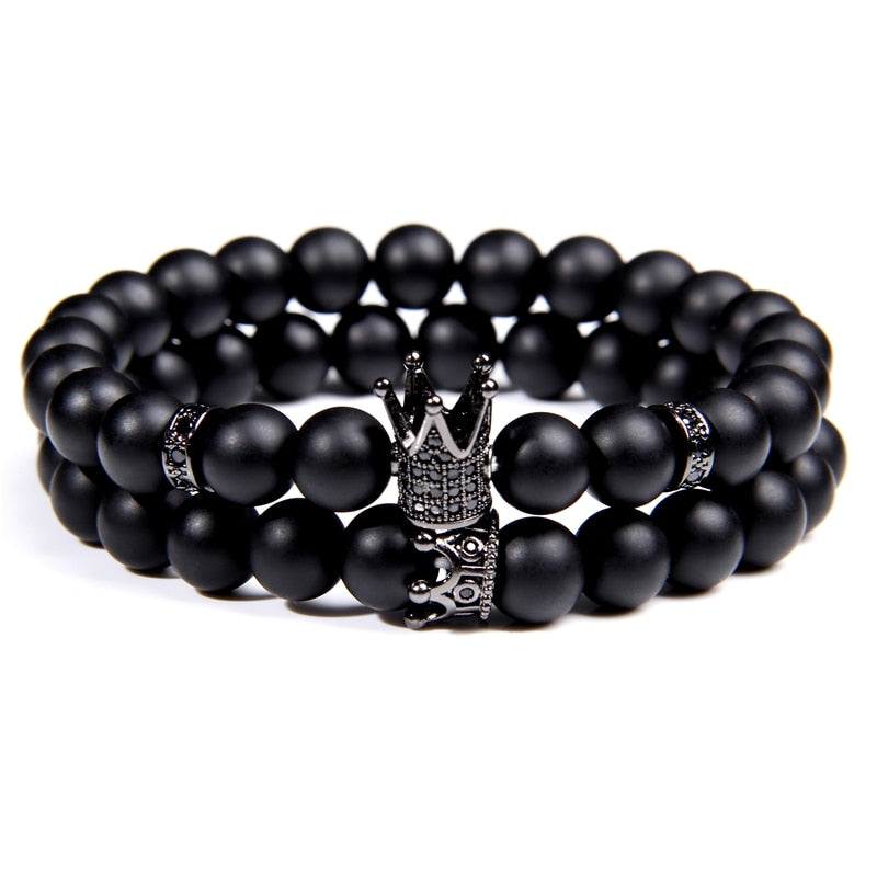 Luxury 2pcs Beaded Bracelets Men Black Onyx Natural Stone