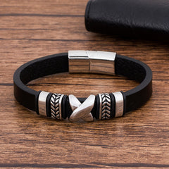 Stainless Steel Fashion Charm Black Leather Bracelet