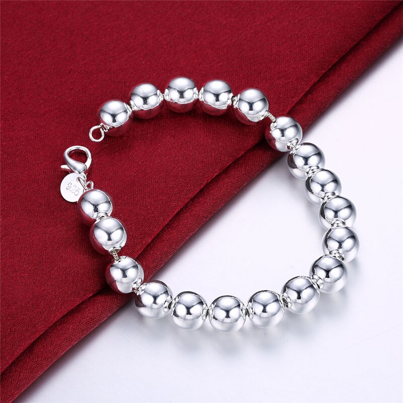 925 Sterling Silver 8mm Hollow Smooth Round Beads Necklace Bracelets Set