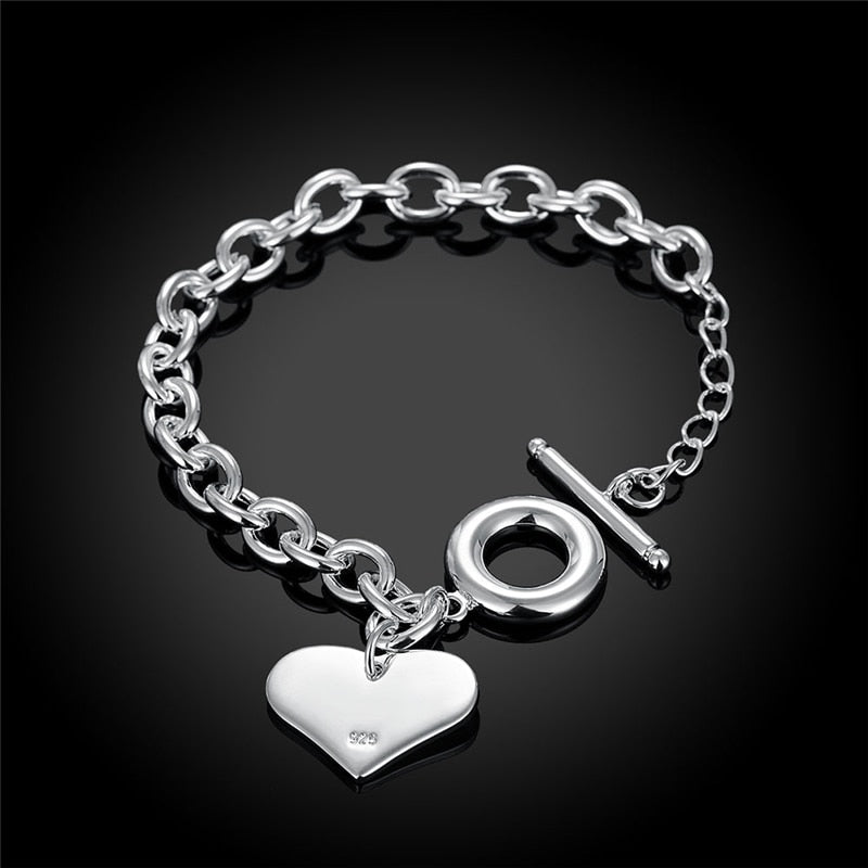 925 Sterling Silver Love Heart Pendant Charm Bracelet