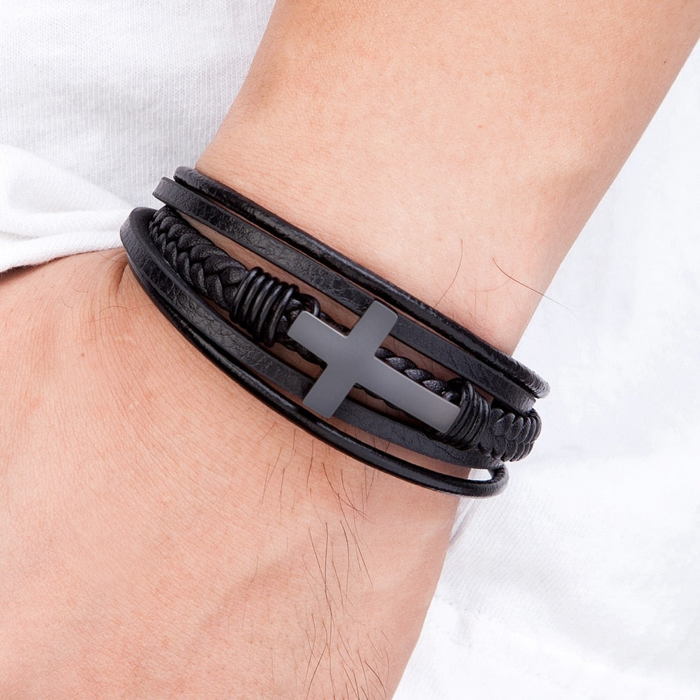 Luxury Multicolor Cross Design Stainless Steel Men's Leather Bracelet 19/21/23cm