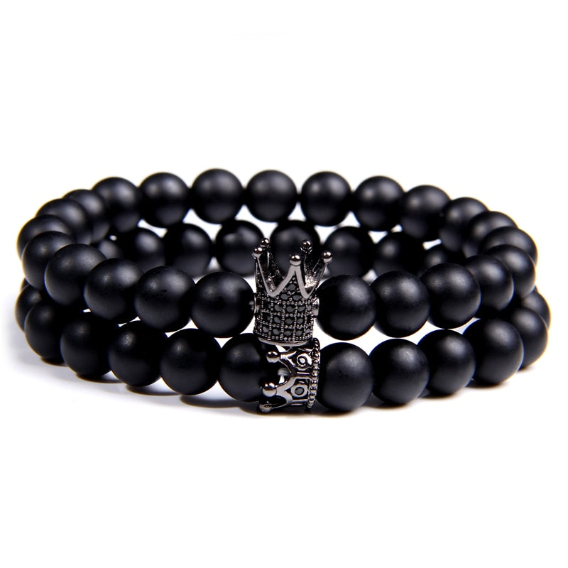 Luxury 2pcs Beaded Bracelets Men Black Onyx Natural Stone