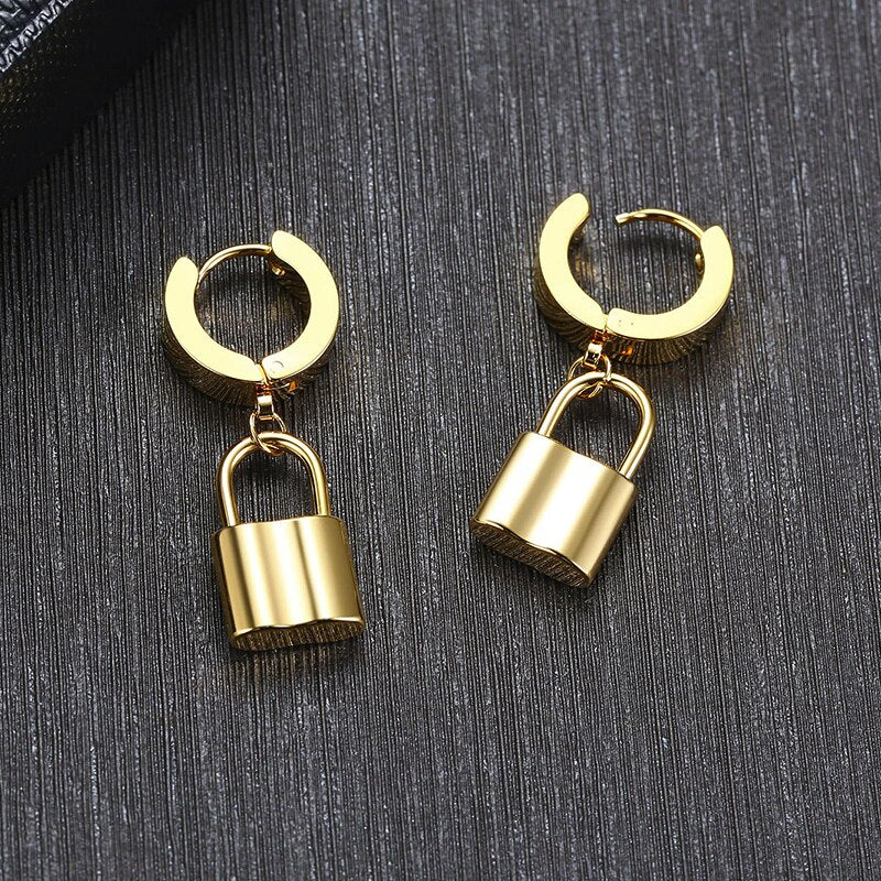 PADLOCK HOOP METALLIC STAINLESS STEEL EARRINGS FOR MEN