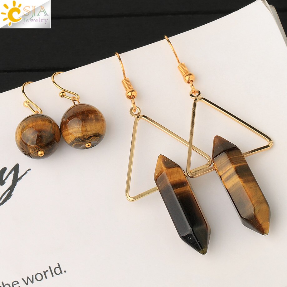 Crystal Hexagonal Dangle Semi Precious Stone Earrings