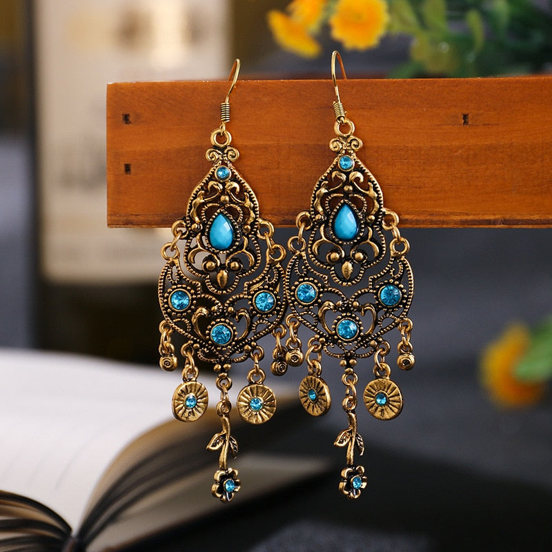 Ethnic Rhinestones Vintage Long Earrings