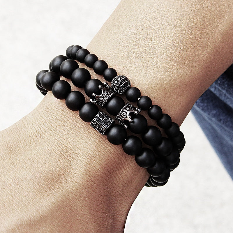 Luxury 2pcs Beaded Bracelets Men Black Onyx Natural Stone