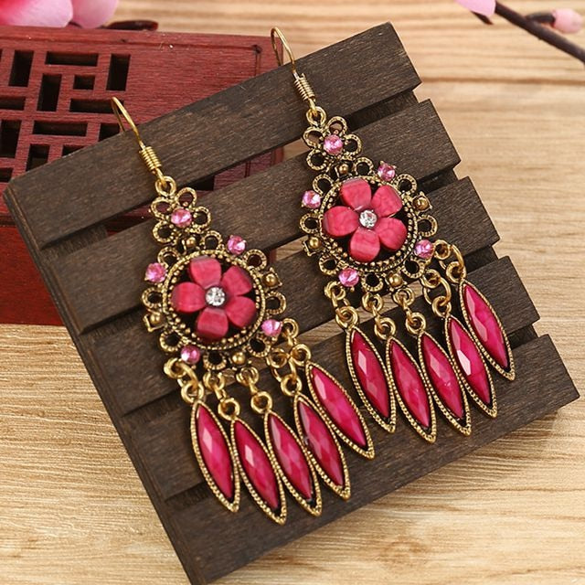 Ethnic Rhinestones Vintage Long Earrings