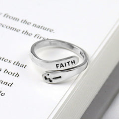 925 Sterling Silver Cross Faith Letters Adjustable Ring