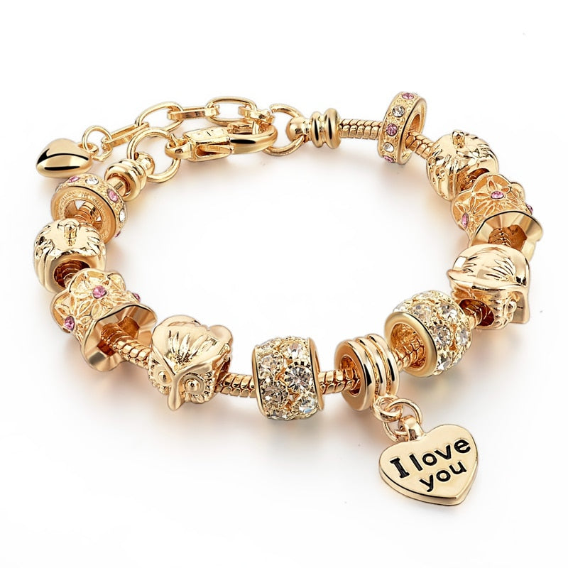 Quality Golden owl heart love Charm Crystal Bracelet